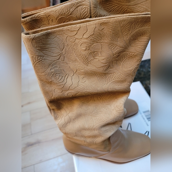markon Shoes - New!!! Markon Tan Leather and Floral Embossed Suede Boots - Suela 7.5W Mid Calf
